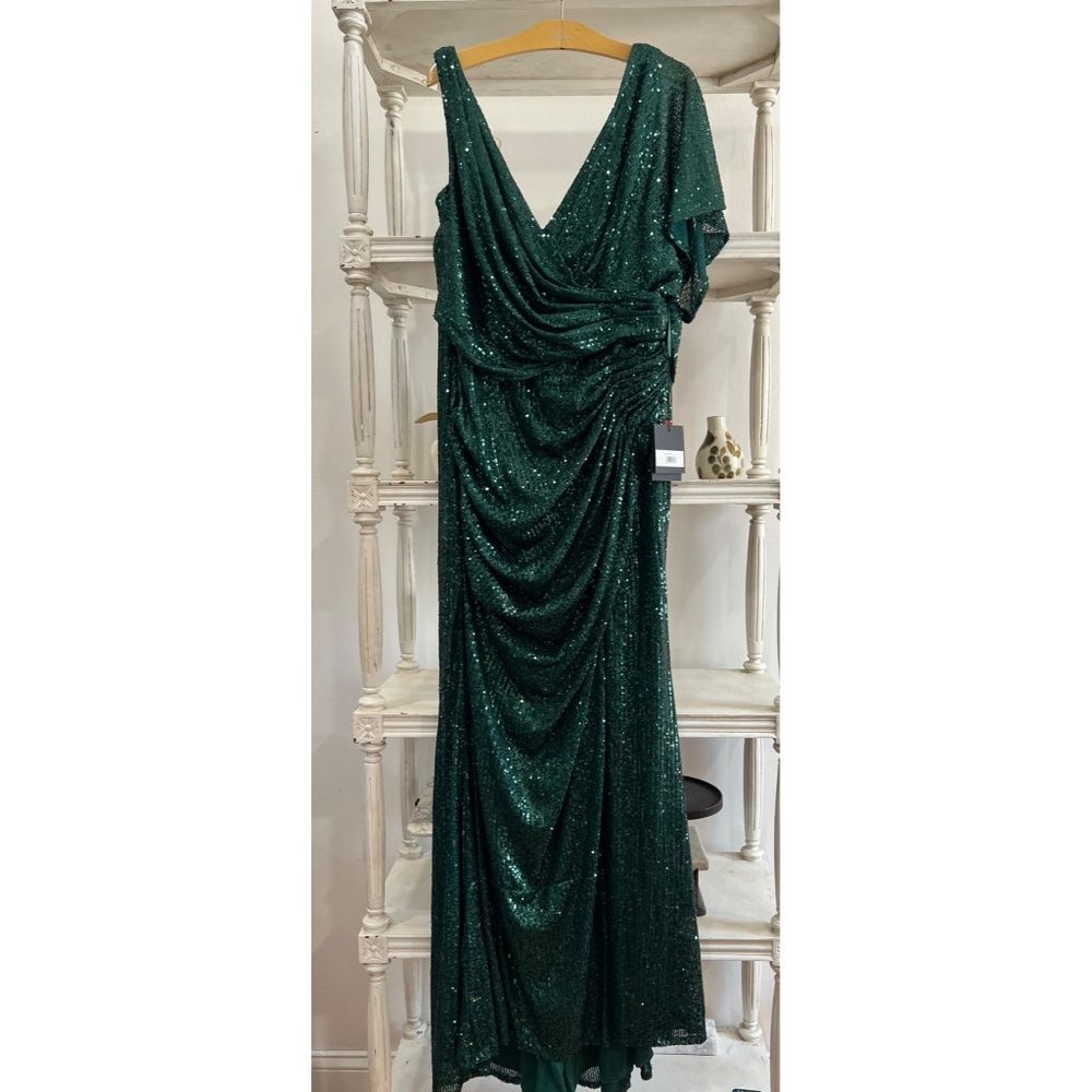 Mac Duggal 26988 Sequined Asymmetrical Draped Trumpet Gown Size 14 Green - Picture 4 of 8